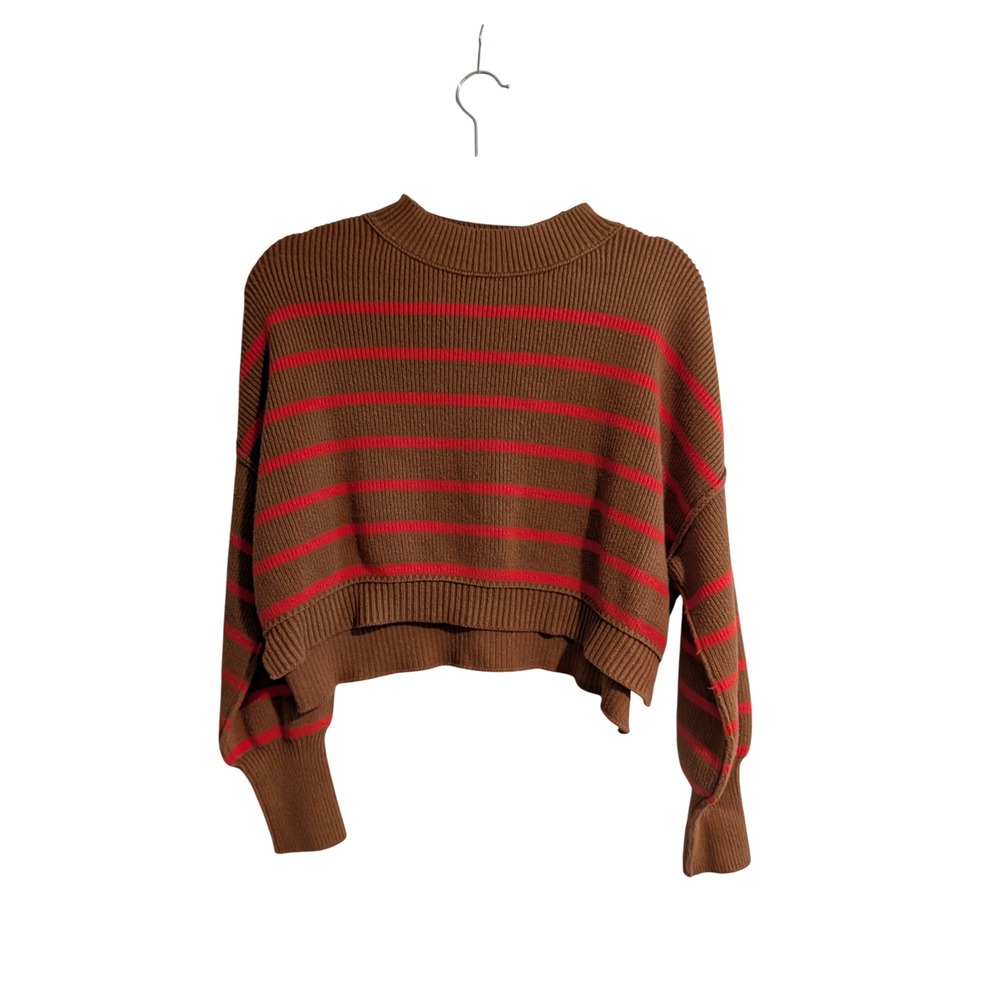 Free People Sweater Womens XS Brown Red Striped Cropped Ribbed Knit Pullover